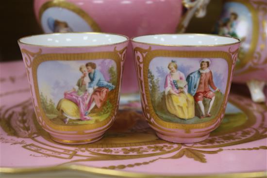 A Sevres style Pompadour pink tete à tete tea service tray 17in.